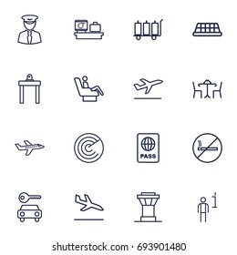 Set Of 16 Aircraft Outline Icons Set.Collection Of Plane, Cafe, Sit And Other Elements.