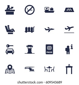 Set Of 16 Airplane Icons Set.Collection Of Passport, Location, Resolver And Other Elements.