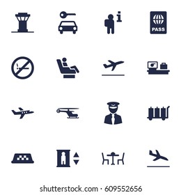 Set Of 16 Airplane Icons Set.Collection Of Resolver, Chopper, Tower And Other Elements.