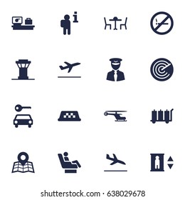 Set Of 16 Airplane Icons Set.Collection Of Automobile, Location, Radiolocator And Other Elements.