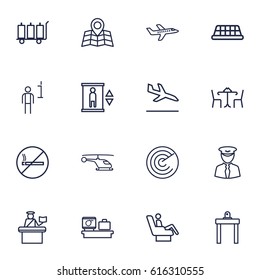 Set Of 16 Airplane Outline Icons Set.Collection Of Map, Data, Luggage Check And Other Elements.