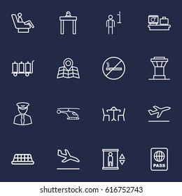 Set Of 16 Airplane Outline Icons Set.Collection Of Helicopter, Business Class, Luggage Trolley And Other Elements.