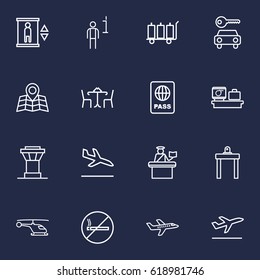 Set Of 16 Airplane Outline Icons Set.Collection Of Helicopter, Car Rent, Data And Other Elements.