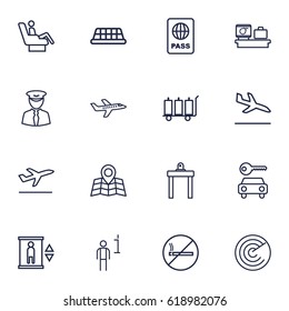 Set Of 16 Airplane Outline Icons Set.Collection Of Taxi, Car Rent, Airport Security And Other Elements.
