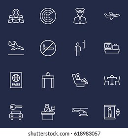Set Of 16 Airplane Outline Icons Set.Collection Of Helicopter, Sit, Passport Controller And Other Elements.