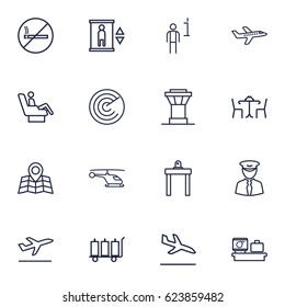 Set Of 16 Airplane Outline Icons Set.Collection Of Control Tower, Plane, Detection And Other Elements.