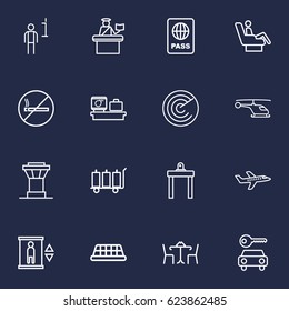 Set Of 16 Airplane Outline Icons Set.Collection Of Luggage Check, Elevator, Helicopter And Other Elements.
