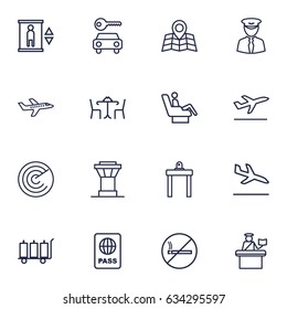 Set Of 16 Airplane Outline Icons Set.Collection Of Control Tower, Pilot, Elevator And Other Elements.