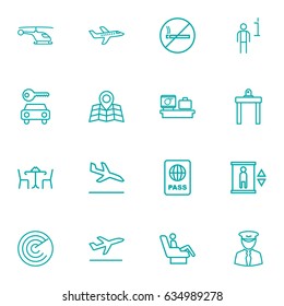 Set Of 16 Airplane Outline Icons Set.Collection Of Cafe, Certification, Luggage Check And Other Elements.
