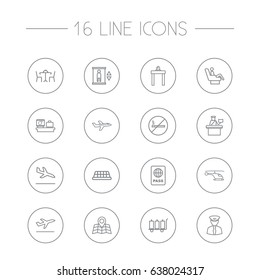 Set Of 16 Airplane Outline Icons Set.Collection Of Flight, Luggage Check, Pilot And Other Elements.