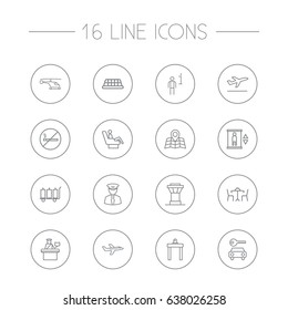 Set Of 16 Airplane Outline Icons Set.Collection Of Plane, Passport Controller, Control Tower And Other Elements.