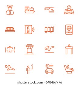 Set Of 16 Airplane Outline Icons Set.Collection Of Control Tower, Data, Pilot And Other Elements.