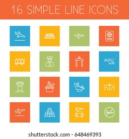 Set Of 16 Airplane Outline Icons Set.Collection Of Car Rent, Luggage Trolley, Airport Security And Other Elements.