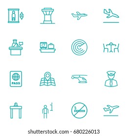 Set Of 16 Airplane Outline Icons Set.Collection Of No Smoking, Pilot, Passport Controller And Other Elements.