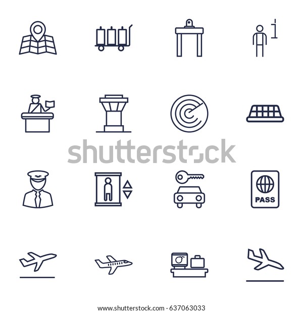 Set Of 16 Airplane\
Outline Icons Set.Collection Of Control Tower, Elevator, Pilot And\
Other Elements.