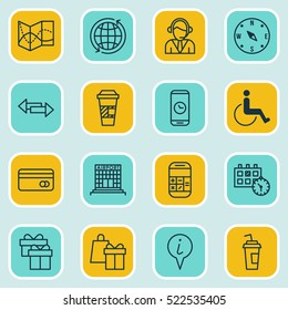 Set Of 16 Airport Icons. Can Be Used For Web, Mobile, UI And Infographic Design. Includes Elements Such As Holiday, Crossroad, Date And More.