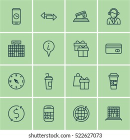 Set Of 16 Airport Icons. Can Be Used For Web, Mobile, UI And Infographic Design. Includes Elements Such As Calculation, Arrows, Phone And More.