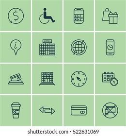 Set Of 16 Airport Icons. Can Be Used For Web, Mobile, UI And Infographic Design. Includes Elements Such As Compass, Shopping, Accessibility And More.
