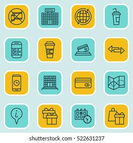 Set Of 16 Airport Icons. Can Be Used For Web, Mobile, UI And Infographic Design. Includes Elements Such As No, Around, Office And More.