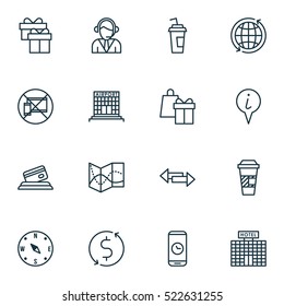Set Of 16 Airport Icons. Can Be Used For Web, Mobile, UI And Infographic Design. Includes Elements Such As Locate, Box, Phone And More.