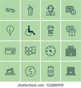 Set Of 16 Airport Icons. Can Be Used For Web, Mobile, UI And Infographic Design. Includes Elements Such As Takeaway, Calendar, Exchange And More.