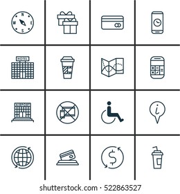 Set Of 16 Airport Icons. Can Be Used For Web, Mobile, UI And Infographic Design. Includes Elements Such As Calculator, Card, Travel And More.
