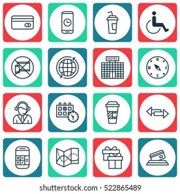 Set Of 16 Airport Icons. Can Be Used For Web, Mobile, UI And Infographic Design. Includes Elements Such As Calculation, Device, Present And More.