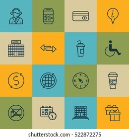 Set Of 16 Airport Icons. Can Be Used For Web, Mobile, UI And Infographic Design. Includes Elements Such As No, Globe, Hotel And More.