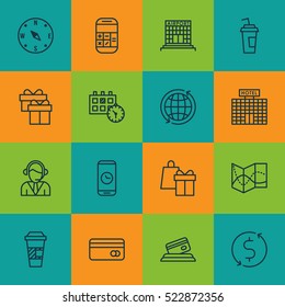 Set Of 16 Airport Icons. Can Be Used For Web, Mobile, UI And Infographic Design. Includes Elements Such As Present, Takeaway, Locate And More.