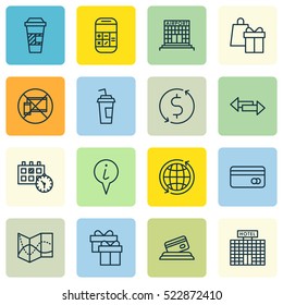 Set Of 16 Airport Icons. Can Be Used For Web, Mobile, UI And Infographic Design. Includes Elements Such As Card, Around, Pointer And More.