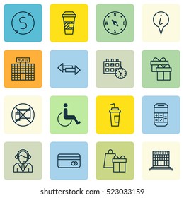 Set Of 16 Airport Icons. Can Be Used For Web, Mobile, UI And Infographic Design. Includes Elements Such As Paper, Gift, Calculation And More.
