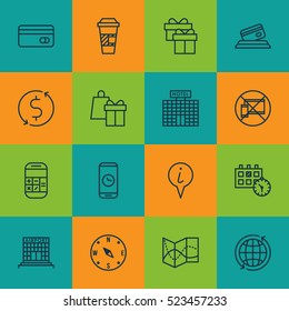 Set Of 16 Airport Icons. Can Be Used For Web, Mobile, UI And Infographic Design. Includes Elements Such As Present, Box, Travel And More.
