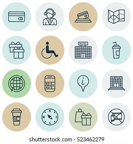 Set Of 16 Airport Icons. Can Be Used For Web, Mobile, UI And Infographic Design. Includes Elements Such As No, Paralyzed, Building And More.