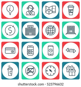 Set Of 16 Airport Icons. Can Be Used For Web, Mobile, UI And Infographic Design. Includes Elements Such As Globe, Card, Debit And More.