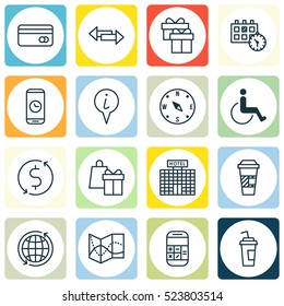 Set Of 16 Airport Icons. Can Be Used For Web, Mobile, UI And Infographic Design. Includes Elements Such As Accessibility, Debit, Travel And More.