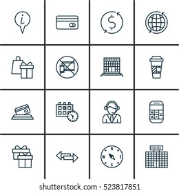 Set Of 16 Airport Icons. Can Be Used For Web, Mobile, UI And Infographic Design. Includes Elements Such As Compass, Info, Pointer And More.