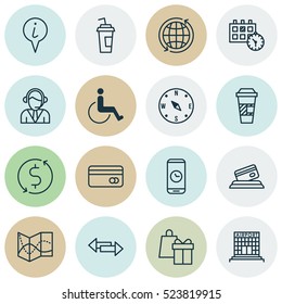 Set Of 16 Airport Icons. Can Be Used For Web, Mobile, UI And Infographic Design. Includes Elements Such As Globe, Info, Road And More.