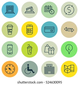 Set Of 16 Airport Icons. Can Be Used For Web, Mobile, UI And Infographic Design. Includes Elements Such As Time, Office, Date And More.