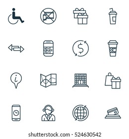 Set Of 16 Airport Icons. Can Be Used For Web, Mobile, UI And Infographic Design. Includes Elements Such As Info, World, Road And More.