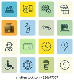 Set Of 16 Airport Icons. Can Be Used For Web, Mobile, UI And Infographic Design. Includes Elements Such As Card, Travel, Accessibility And More.