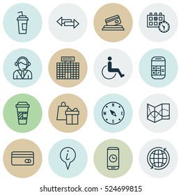 Set Of 16 Airport Icons. Can Be Used For Web, Mobile, UI And Infographic Design. Includes Elements Such As Locate, Time, Drink And More.