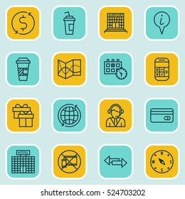 Set Of 16 Airport Icons. Can Be Used For Web, Mobile, UI And Infographic Design. Includes Elements Such As Mobile, World, Device And More.