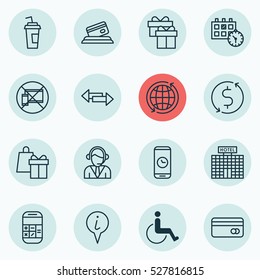 Set Of 16 Airport Icons. Can Be Used For Web, Mobile, UI And Infographic Design. Includes Elements Such As Credit Card, Crossroad, Plastic Card And More.