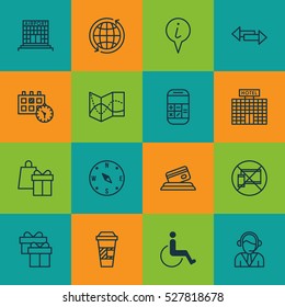 Set Of 16 Airport Icons. Can Be Used For Web, Mobile, UI And Infographic Design. Includes Elements Such As Airfield Manufacture, Info Pointer, Resort Development And More.