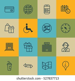 Set Of 16 Airport Icons. Can Be Used For Web, Mobile, UI And Infographic Design. Includes Elements Such As Operator, Plastic Card, World And More.
