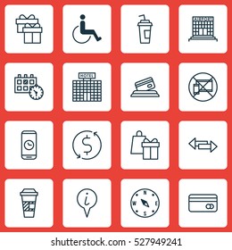 Set Of 16 Airport Icons. Can Be Used For Web, Mobile, UI And Infographic Design. Includes Elements Such As Resort Development, Credit Card, Locate And More.