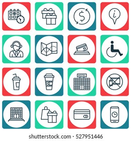 Set Of 16 Airport Icons. Can Be Used For Web, Mobile, UI And Infographic Design. Includes Elements Such As Shopping, Airfield Manufacture, Forbidden Mobile And More.