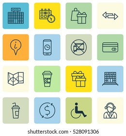 Set Of 16 Airport Icons. Can Be Used For Web, Mobile, UI And Infographic Design. Includes Elements Such As Accessibility, Road Map, Call Duration And More.