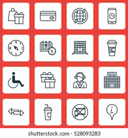 Set Of 16 Airport Icons. Can Be Used For Web, Mobile, UI And Infographic Design. Includes Elements Such As Info Pointer, Locate, Operator And More.
