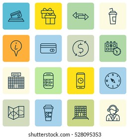Set Of 16 Airport Icons. Can Be Used For Web, Mobile, UI And Infographic Design. Includes Elements Such As Appointment, Calculation, Crossroad And More.